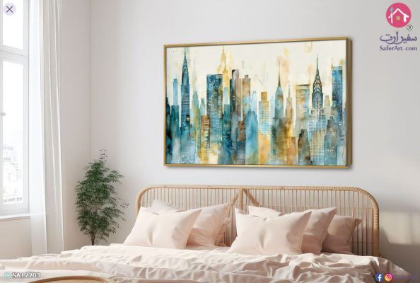 لوحات مودرن - مدينة حديثة SA12203 ( كل التابلوهات المودرن), مبانى و هندسة معمارية, مميزة و مختارة, اماكن و مدن و مباني ازرق - تركواز, اصفر, فضى – ذهبى الوان مائية, لوحات فنية, مودرن غرفة شباب, مكاتب – شركات - اعمال بالعرض, ببرواز, برواز ذهبى, مستطيل