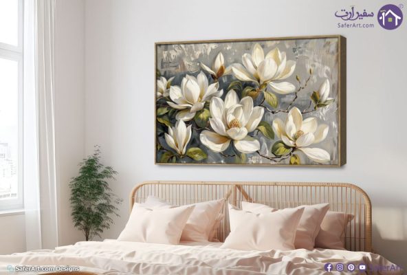 لوحة فنية ورود وزهور بيضاء SA15504 كل التابلوهات المودرن, ورود - زهور - نباتات اببيض - اوف وايت, اصفر, رمادى الوان زيتية - اكريليك, لوحات فنية, مودرن غرفة الاستقبال, غرفة المعيشة, غرفة النوم, مدخل المنزل فصل الربيع بالعرض, ببرواز, برواز خشبى, مستطيل