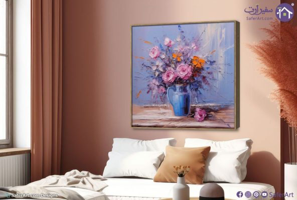 لوحة فنية فازة زرقاء - ورود وزهور SA15930 كل التابلوهات المودرن, ورود - زهور - نباتات ازرق - تركواز, برتقالى, بينك – فوشيا, موف – ارجوانى الوان زيتية - اكريليك, لوحات فنية, مودرن غرفة الاستقبال, غرفة المعيشة, غرفة النوم, مدخل المنزل فصل الربيع ببرواز, برواز خشبى, مربع