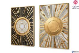 لوحات فنية رسومات هندسيه وزخارف SA17032 ( كل التابلوهات المودرن), اشكال هندسية و زخارف فضى – ذهبى اشكال هندسية و زخارف, تماثل - سيميترى, دوائر, لوحات فنية, مظهر بارز غرفة الاستقبال, مكاتب – شركات - اعمال بالطول, ببرواز, برواز ذهبى, مستطيل
