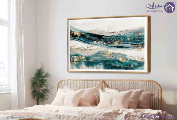لوحه حائط - تجريديه SA21368 كل التابلوهات المودرن, تجريدي ازرق - تركواز, فضى – ذهبى الوان زيتية - اكريليك, لوحات فنية غرفة الاستقبال, مدخل المنزل, مكاتب – شركات - اعمال بالعرض, ببرواز, برواز SF9, برواز ذهبى, مستطيل