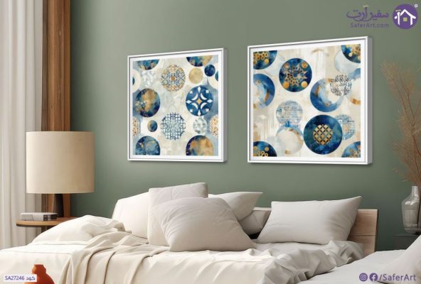 لوحة فنية - ذهبي وأزرق SA27246 كل التابلوهات المودرن, اشكال هندسية و زخارف ابيض - اوف وايت, ازرق - تركواز, فضى – ذهبى اشكال هندسية و زخارف, الستريشن - فيكتور, دوائر, لوحات فنية, مودرن غرفة الاستقبال, غرفة المعيشة, غرفة النوم, مدخل المنزل, مكاتب – شركات - اعمال ببرواز, برواز SF9, برواز ابيض, مربع