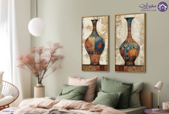 لوحات فنية فازات هندي SA28816 كل التابلوهات المودرن, فازات و اوانى, طبيعه صامتة ازرق - تركواز, برتقالى, بنى - بيج تماثل - سيميترى, ديجيتال آرت, لوحات فنية غرفة الاستقبال, غرفة المعيشة, مدخل المنزل, مكاتب – شركات - اعمال بالطول, ببرواز, برواز ذهبى, مستطيل