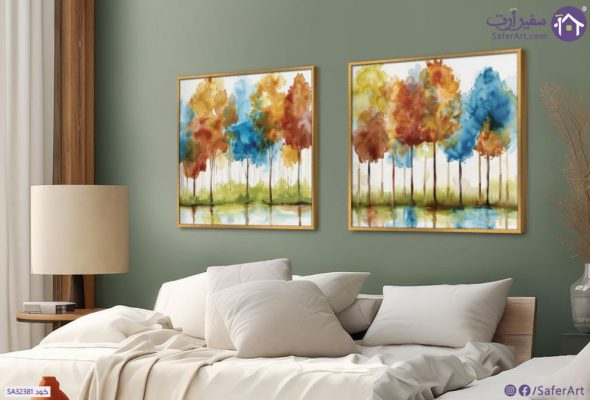 لوحات - غابات ملونة SA32381 كل التابلوهات المودرن, اشجار, مناظر طبيعية اخضر - زيتى, ازرق - تركواز, اصفر الوان مائية, لوحات فنية, مودرن غرفة الاستقبال, غرفة المعيشة, مدخل المنزل, مكاتب – شركات - اعمال فصل الربيع بالعرض, ببرواز, برواز ذهبى, مستطيل