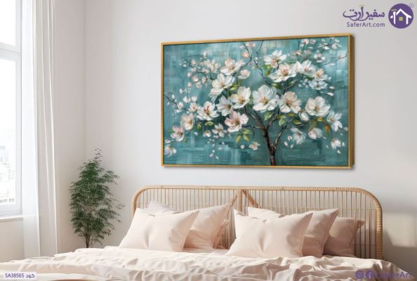 تابلوهات - مناظر طبيعية SA38565 كل التابلوهات المودرن, ورود - زهور - نباتات ابيض - اوف وايت, ازرق - تركواز الوان زيتية - اكريليك, لوحات فنية, مودرن غرفة الاستقبال, غرفة المعيشة, غرفة نوم فصل الربيع بالعرض, ببرواز, برواز ذهبى, مستطيل