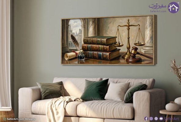 لوحة فنية كلاسيكية تعبر عن العدالة والقانون SA105742 اعمال و شركات, قانون - قضاء - محاماه, مبانى و هندسة معمارية, كل التابلوهات المودرن, طبيعه صامتة, اماكن و مدن و مباني الوان داكنة, بنى - بيج, فضى – ذهبى الوان زيتية - اكريليك, كلاسيك – نيو كلاسيك, لوحات فنية غرفة الاستقبال, غرفة المعيشة, مكاتب – شركات - اعمال بالعرض, ببرواز, برواز خشبى, مستطيل